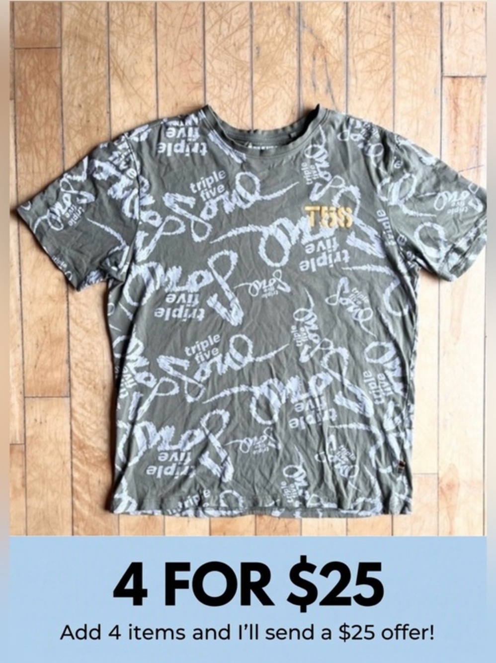 Triple Five Soul 100% Cotton Olive All‑Over Logo T‑Shirt Size Large – T5S